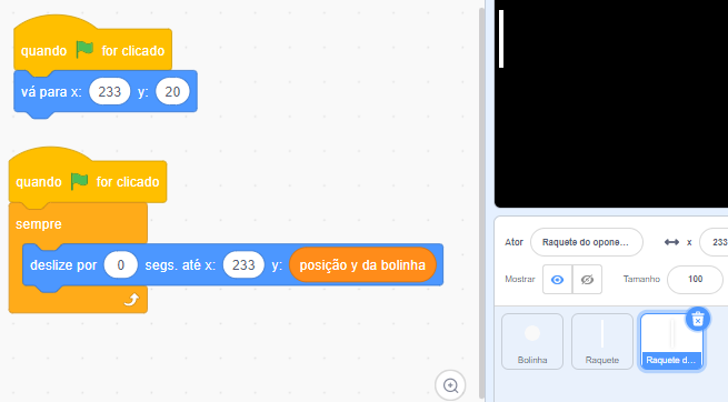 código scratch com a posição de x 233 no ator raquete do oponente