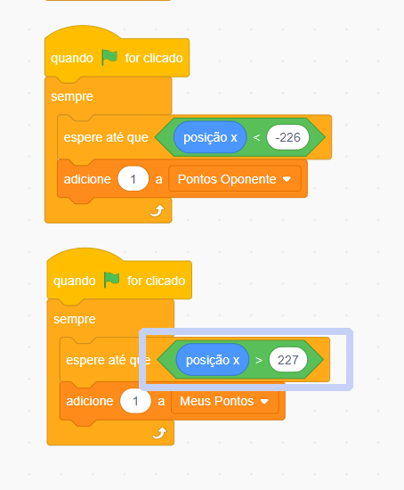 Imagens com blocos de código scratch que aponta para um posicionamento maior do que 229 no plano cartesiano