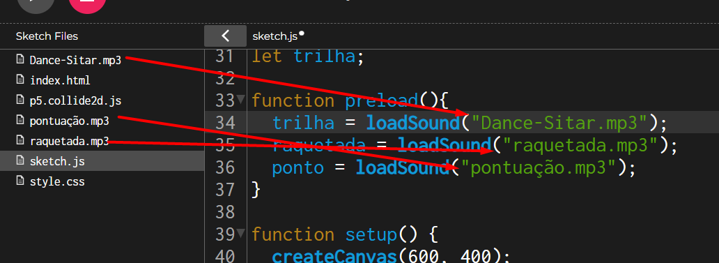 Imagem que mostra o editor p5;js com setas apontadas para a function preload