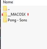 A imagem mostra uma pasta nomeada _MACOSX e outra Pong - sons