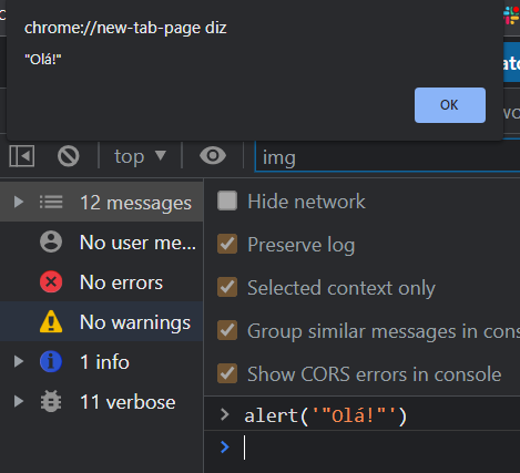 Imagem que contem o código  alert '"Olá!"' no depurador do chrome e exibe o alert com a mensagem "Olá!" 