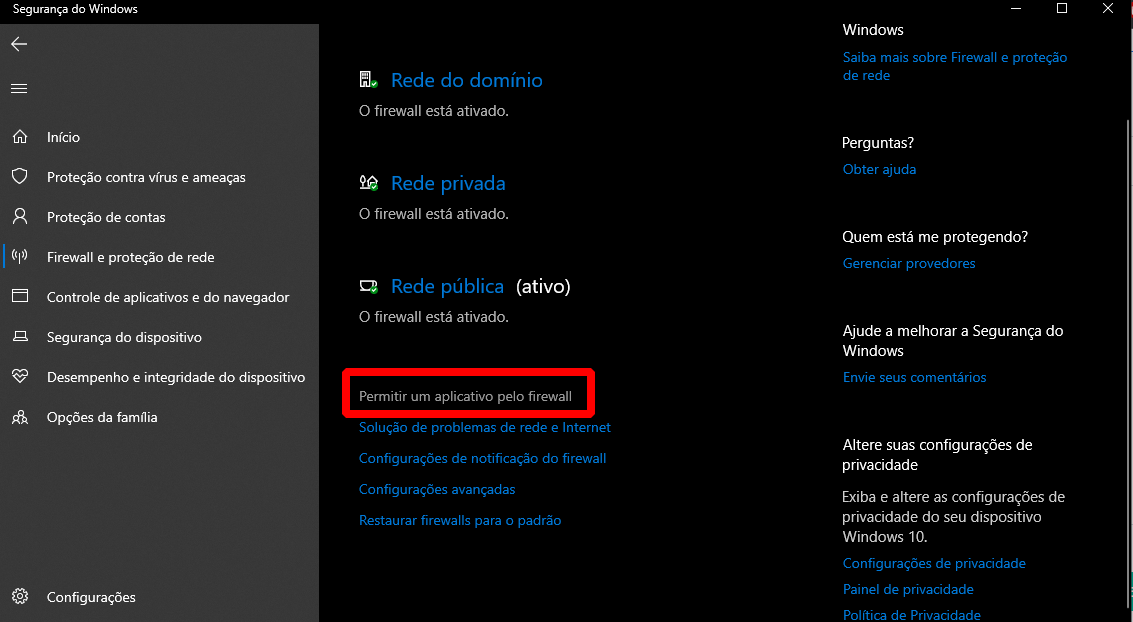 A imagem mostra uma janela do windows com as opções do *segurança do Windows* e em destaque a opção *permitir um aplicativo pelo firewall*