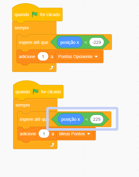 Imagens com blocos de código scratch que aponta para um posicionamento menor do que 229 no plano cartesiano