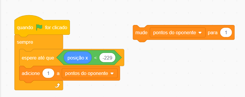 Imagem que mostra duas colunas de programação com o Scratch. O com o adicione 1 a pontos do oponente e outra com o mude pontos do oponente para 1