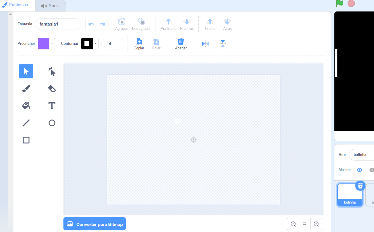 Imagem da área de fantasia do Scratch que mostra o ator bolinha fora do ponto central