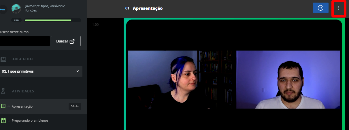 a imagem mostra a página do curso e um retângulo vermelho ao redor dos três botões que aparecem no canto superior direito