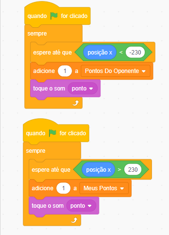 blocos de codigo do scratch com a marcacao de pontos