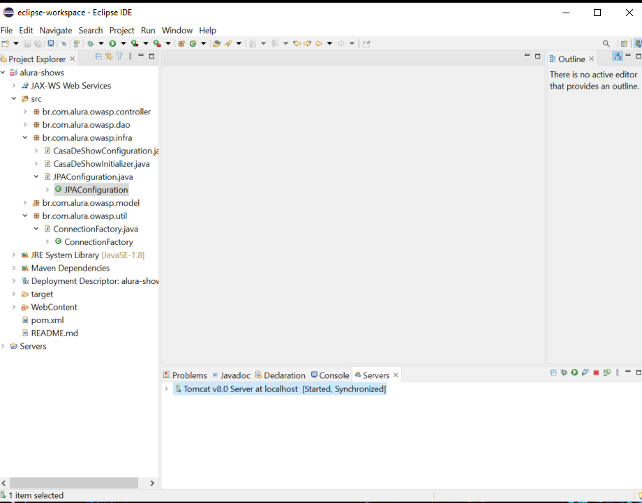 print da IDE Eclipse mostrando o servidor Tomcat 8.0 rodando.