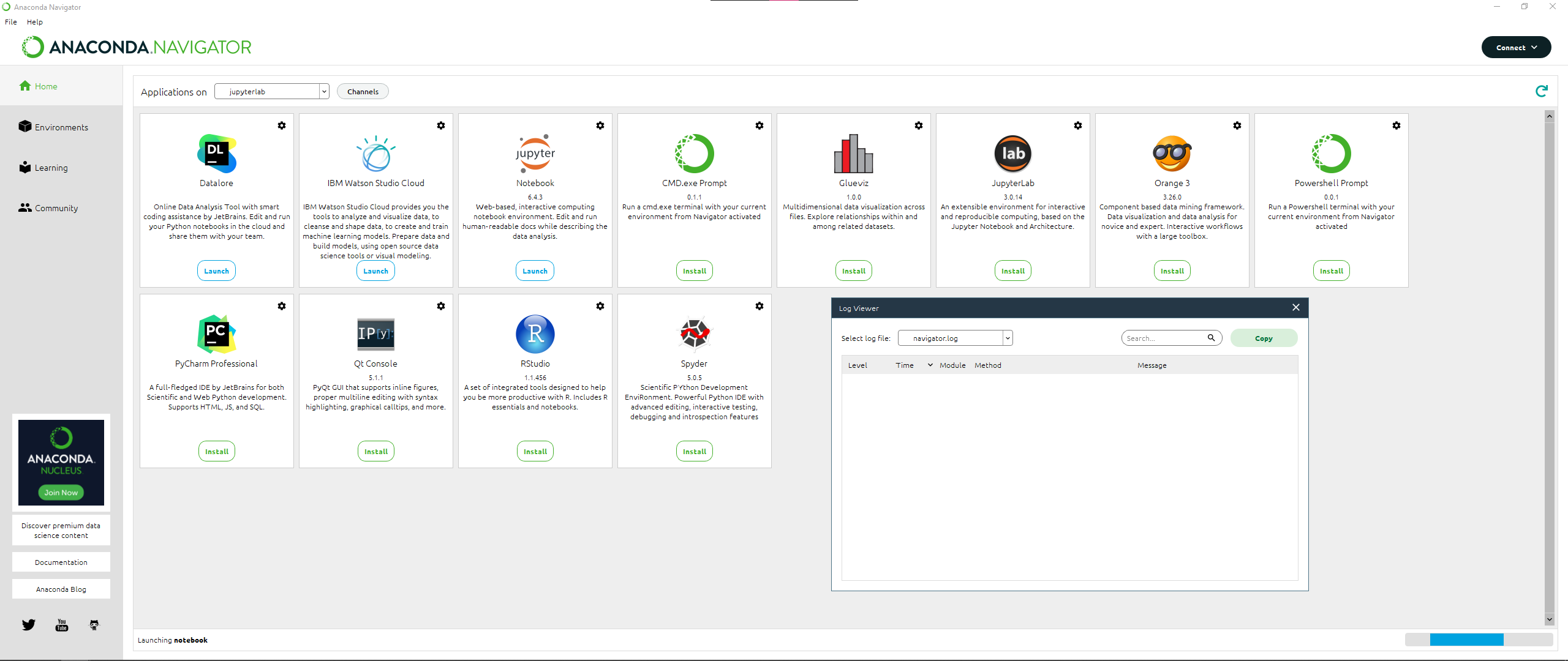 Página do anaconda navigator enquanto da launch no jupyter notebook com o log viewer aberto, o log viewer está vazio.