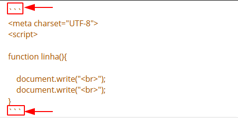 Código HTML com três sinais de crase antes e depois do código