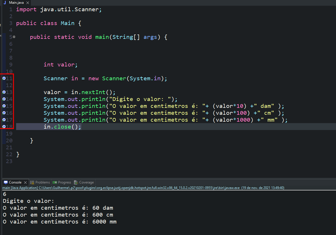 A mesma classe retratada anteriormente, porém com breakpoints destacados na lateral esquerda da classe