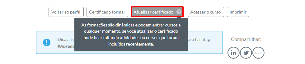 Página de exibição do certificado do aluno na Alura, onde podemos atualizar o certificado com a opção mais centralizada na tela