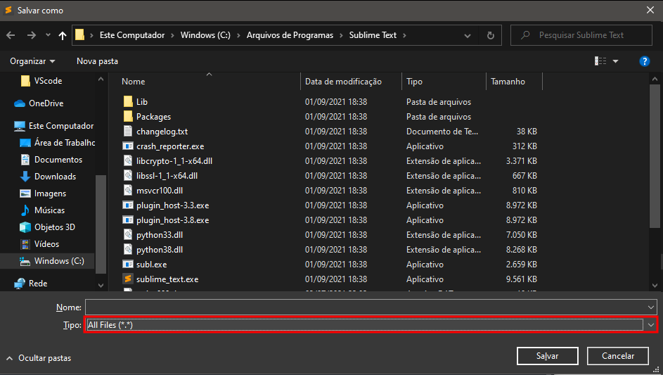 Tela exibida no Windows ao tentar salvar um arquivo do editor de textos Sublime text, com um destaque em vermelho em volta do campo em que podemos selecionar o tipo do arquivo que desejamos salvar