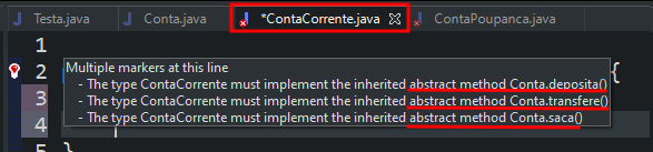 Imagem da IDE eclipse exibindo a classe **ContaCorrente** com um destaque em vermelho para o nome da classe, indicando que estamos analisando ela na imagem. Abaixo do nome da classe temos um aviso de erro de compilação da IDE a nossa esquerda, que ao ser clicado exibe três linhas demonstrando os erros presentes nessa classe. Os erros possuem um destaque em vermelho ao seu final, mostrando que é necessário implementar os três métodos abstratos da superclasse