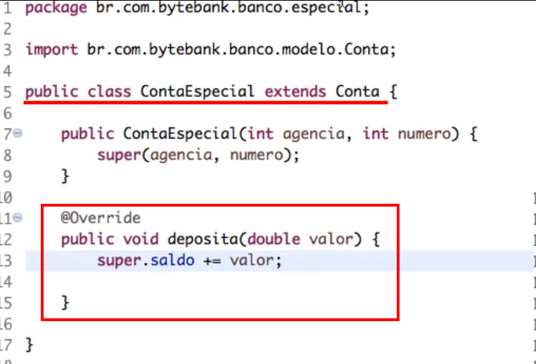 Código da classe ContaEspecial que herda da classe Conta, com um destaque para o método deposita, que recebe um double como parâmetro e soma ao valor do saldo atual