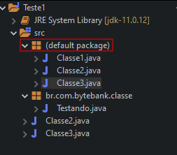 Organização dos pacotes do porjeto na IDE Eclipse, com um destaque para o pacote Default