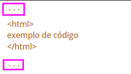 Exemplo de código mostrando duas tags html. Antes e depois do exemplo de código temos o sinal de crase sendo repetido três vezes, e assim o bloco de código ganha formatação