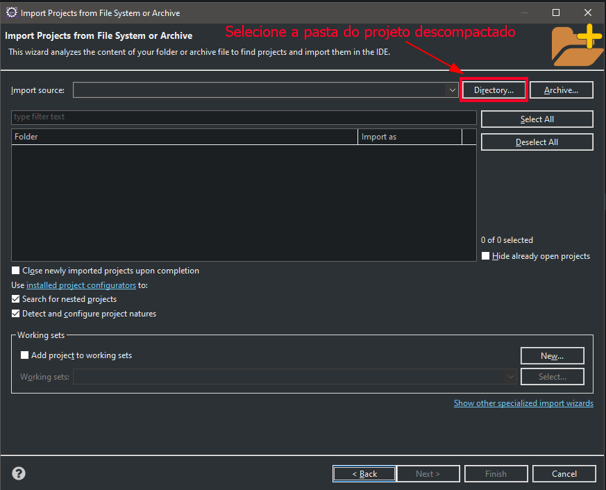 A janela anterior é fechada e uma nova é exibida. Essa nova janela nos permite escolher a pasta onde desejamos encontrar o projeto a ser importado. Para realizar essa escolha, clicamos no botão "Directory" localizado no canto superior a direita da janela