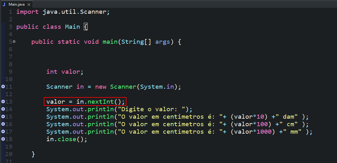 Classe de testes com o código semelhante ao que o aluno utilizou. Na classe temos uma variável do tipo int que recebe um Scanner para o input de um número inteiro. É impresso em tela a conversão do valor inteiro inputado em centímetros para outras unidades de medida.