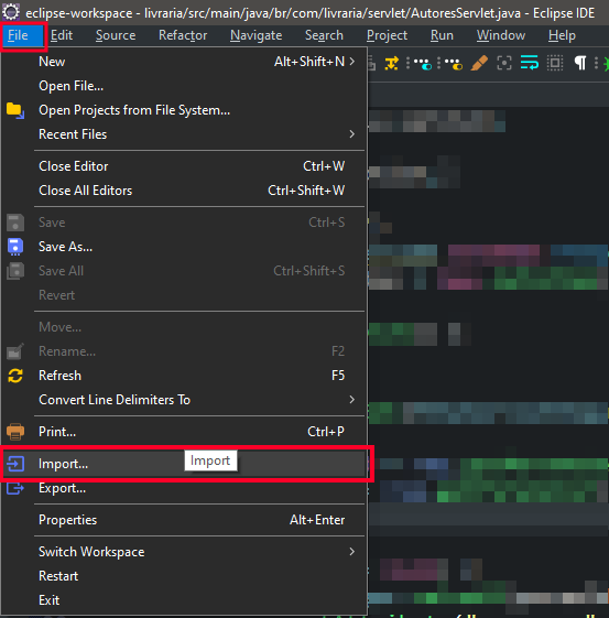 Tela inicial da IDE Eclipse, com a primeira opção do menu superior "File" destacada em vermelho, indicando que deve ser clicada. Mais abaixo a opção "Import" também está em destaque, demonstrando que é a opção que vamos utilizar.