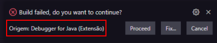 Mensagem de erro do VScode demonstrando que existe uma falha na extensão "Debugger for Java"