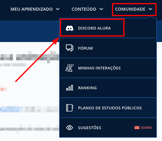 Menu superior do site da Alura com um destaque em vermelho em volta da opção "Comunidade", que ao ser clicada exibe outras opções abaixo, e dentre elas a primeira opção "Discord Alura" com um destaque em vermelho