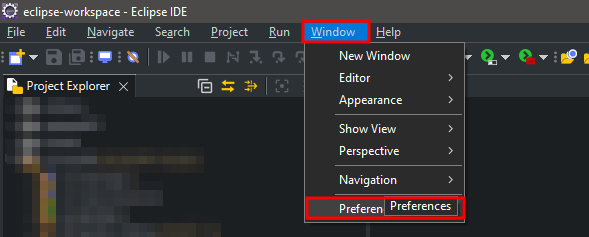 Menu superior da IDE Eclipse com a opção "Window" destacada em vermelho. Abaixo temos a opção "Preferences"