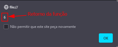 Pop-up exibindo o retorno da função multiplica, tendo feito a multiplicação de 2 por 3