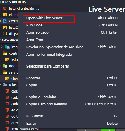 print de como abrir o arquivo com live server