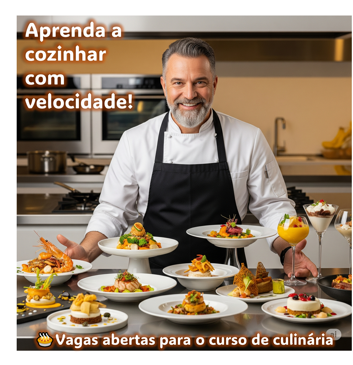 A imagem deve retratar um chef experiente e sorridente em um ambiente de cozinha profissional e bem iluminado. O chef está posicionado atrás de uma bancada de aço inoxidável, sobre a qual estão dispostos diversos pratos de alta gastronomia, com aparências variadas e elaboradas. Alguns pratos estão em pedestais discretos para dar destaque. Há uma variedade de cores e texturas nos pratos, sugerindo diferentes tipos de culinária. O chef gesticula abertamente para os pratos, como se os estivesse apresentando com orgulho e agilidade. No canto superior esquerdo da imagem, sobreposto ao fundo desfocado da cozinha, o texto "Aprenda a cozinhar com velocidade! Vagas abertas para o curso de culinária." claramente visível em uma fonte legível e atraente.