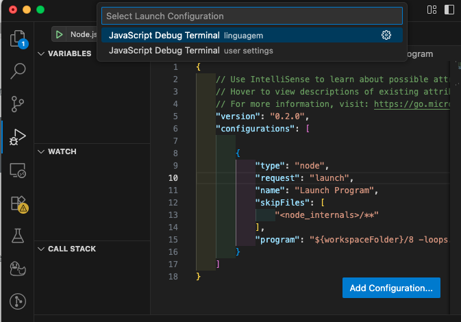 Captura de tela do VS Code mostrando um erro ao tentar configurar o debug com Node.js. O arquivo launch.json está aberto com um aviso de erro na linha das configurações.