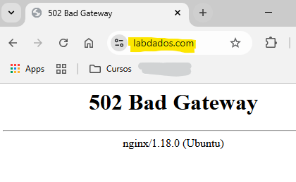Um print da tela mostrando o erro "502 bad gateway"