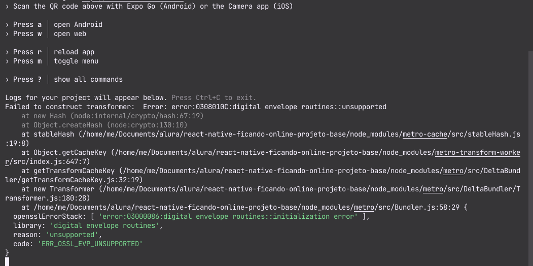 erro nas dependencias do expo