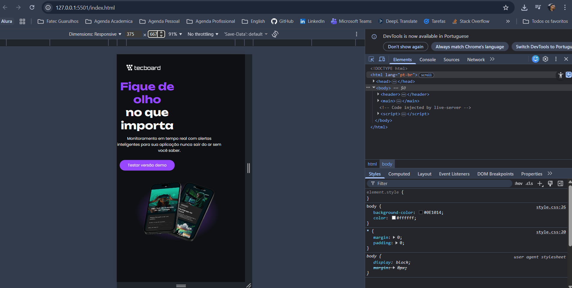 Print do Google Chrome no modo Inspecionar