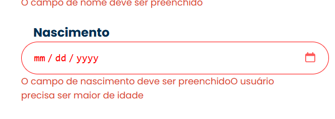 Imagem contendo duas mensagens de erro no campo de data de nascimento