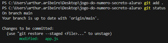 Verificando o git status novamente, porém agora os arquivos já foram adicionados ao escopo do commit.