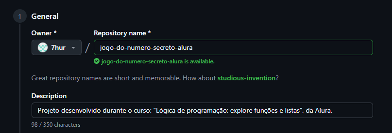 Criação de repositório no GitHub.