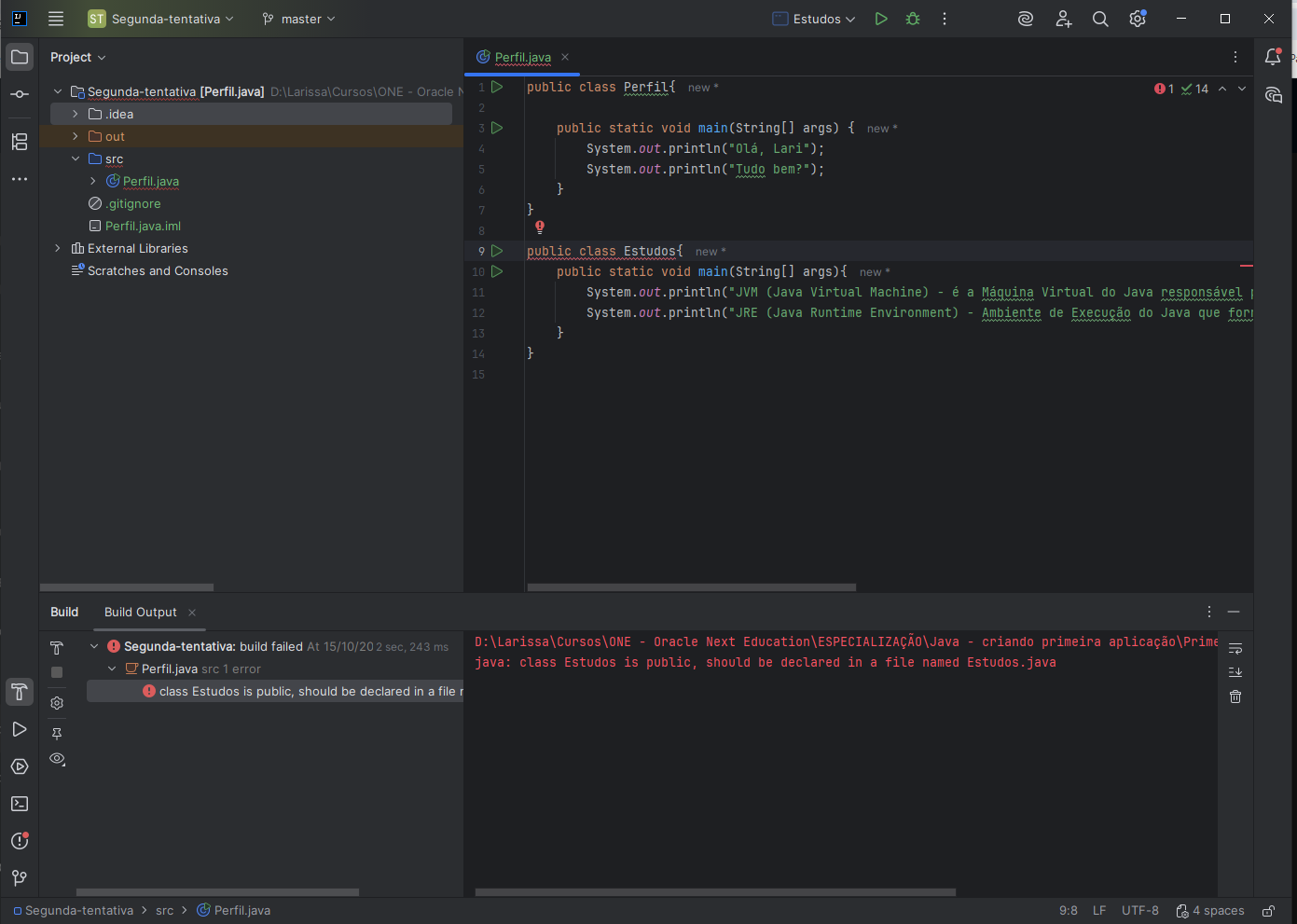 Print da tela do IntelliJ exibindo erro java: class Estudos is public, should be declared in a file named Estudos.java 