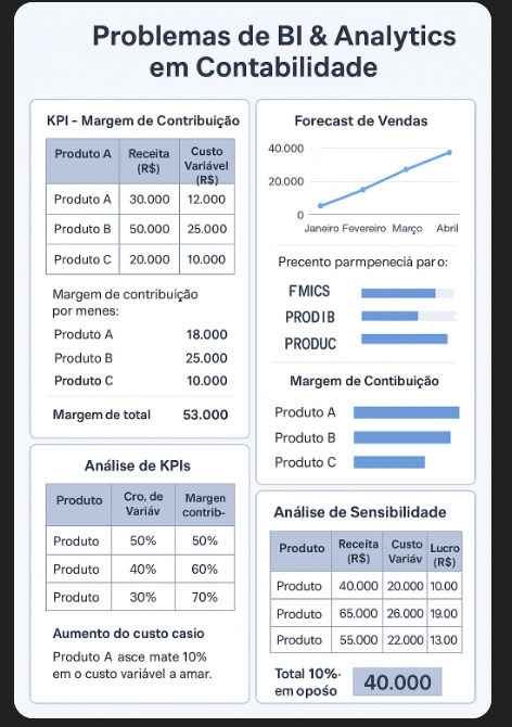 transformar todos esses 4 problemas em um guia visual de BI, com mini dashboards, gráficos e tabelas, já prontos para treinar análise contábil de forma visual.