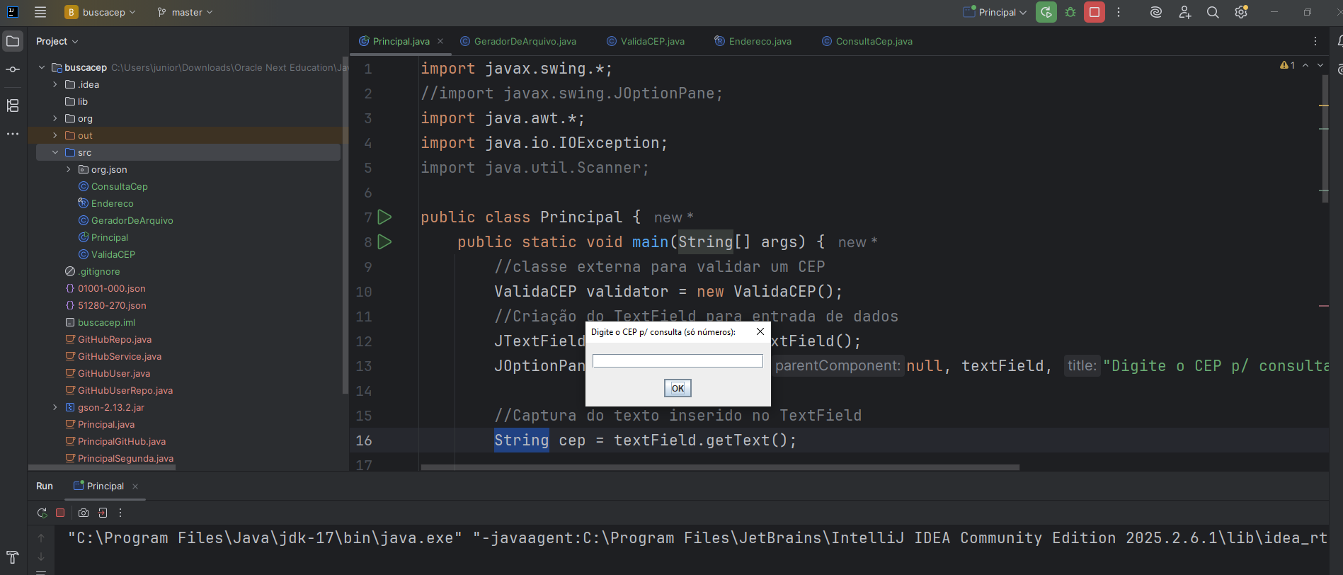janela para entrada do CEP