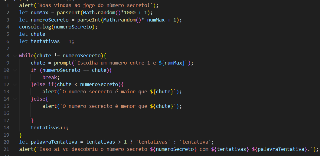 Na imagem tem um bloco de código do projeto final do número secreto em JavaScript, nela eu sugeri uma abordagem diferente para gerar o número máximo que o usuário deve informar como chute de forma dinâmica, gerando um numero inteiro aleatorio.