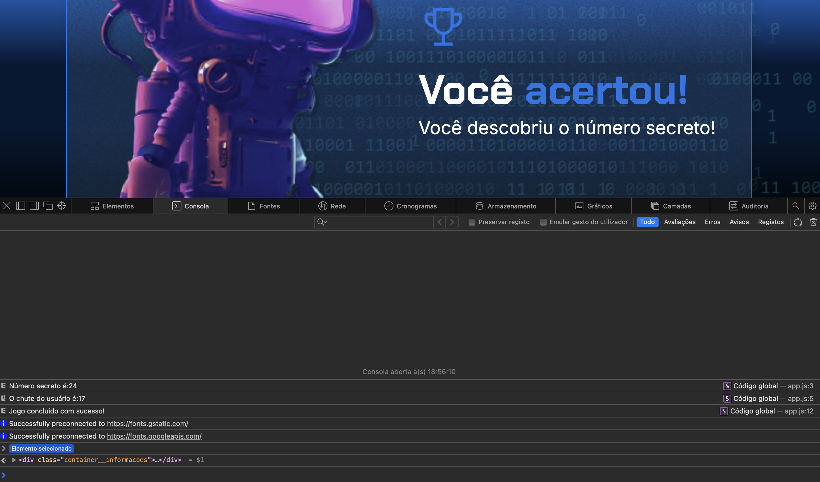 Print da tela do mac, em que mostra o consola do projeto em desenvolvimento.