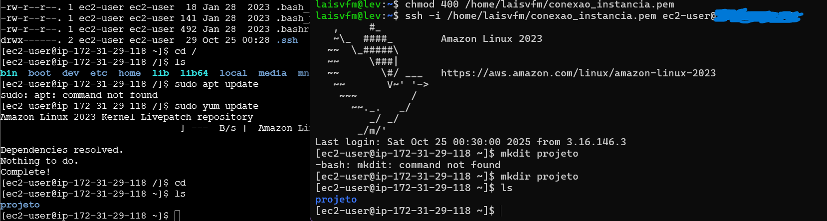 AWS do lado esquerdo, Ubuntu do lado direito