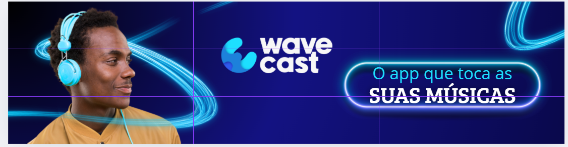 banner de página azul com um modelo negro de camiseta amarela e fones de ouvido azuis à esquerda; o símbolo wave cast no meio do banner; à direita a frase "o app que toca as suas músicas" como um botão neon e linhas azuis claro em algumas partes do banner