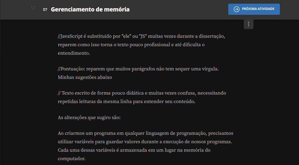 Código comentado no meio da explicação do curso