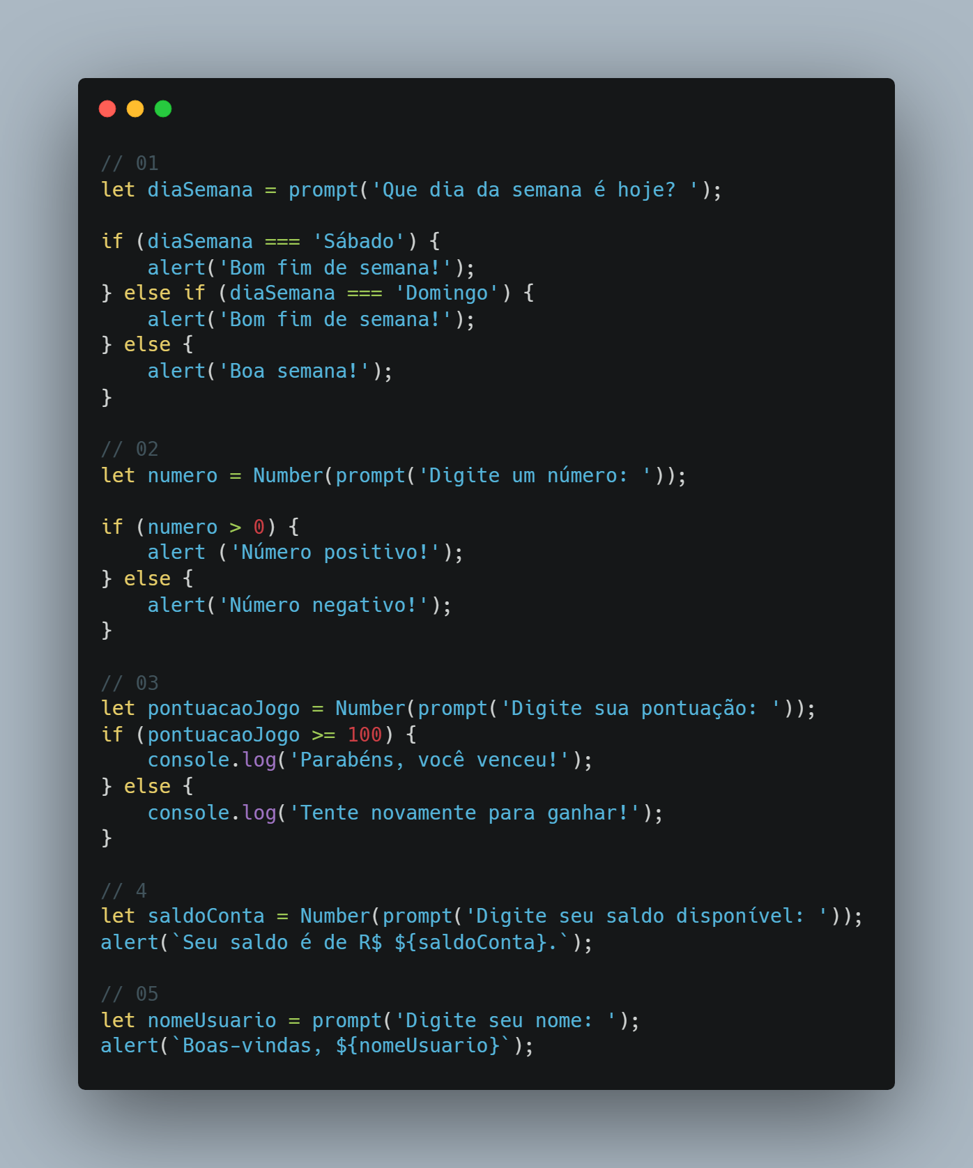 Imagem da tela com cinco exercícios de JavaScript