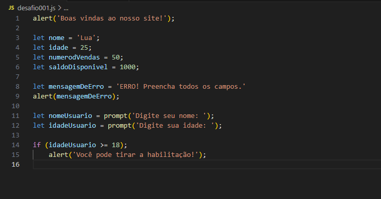 Meu codigo em javascript no vs code seguindo o desafio inicial