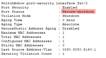 CLI do Switch com o comando show port-security interface fa0/2 com destaque em Secure-shutdown
