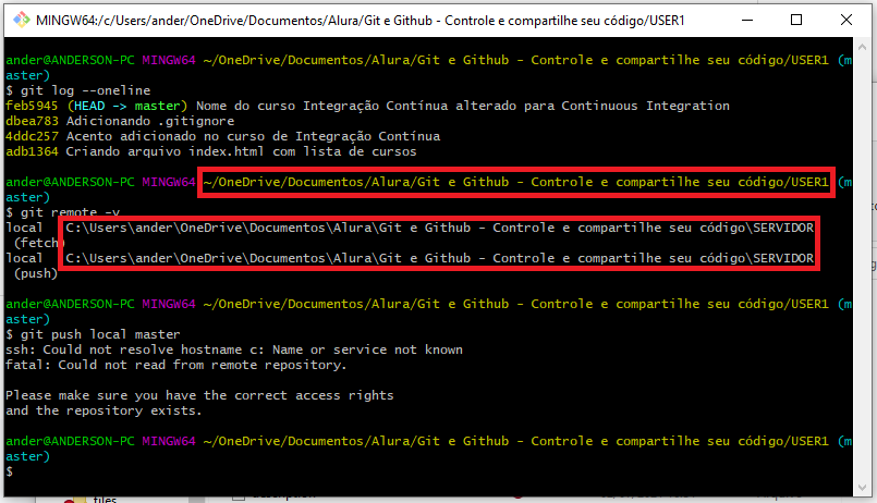 Imagem enviada pelo aluno com destaque no endereço local (~/OneDrive/Documentos/Alura/Git e Github - Controle e compartilhe seu código/USER1) e no endereço do repositório remoto (C:\Users\ander\OneDrive\Documentos\Alura\Git e Github - Controle e compartilhe seu código\SERVIDOR)
