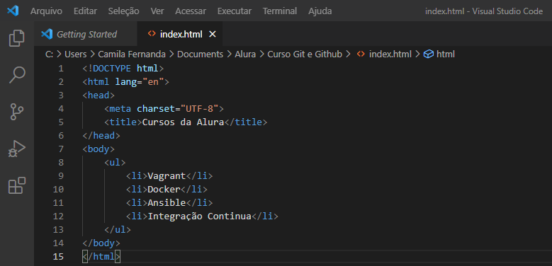 Código na extensão em html no VS Code.